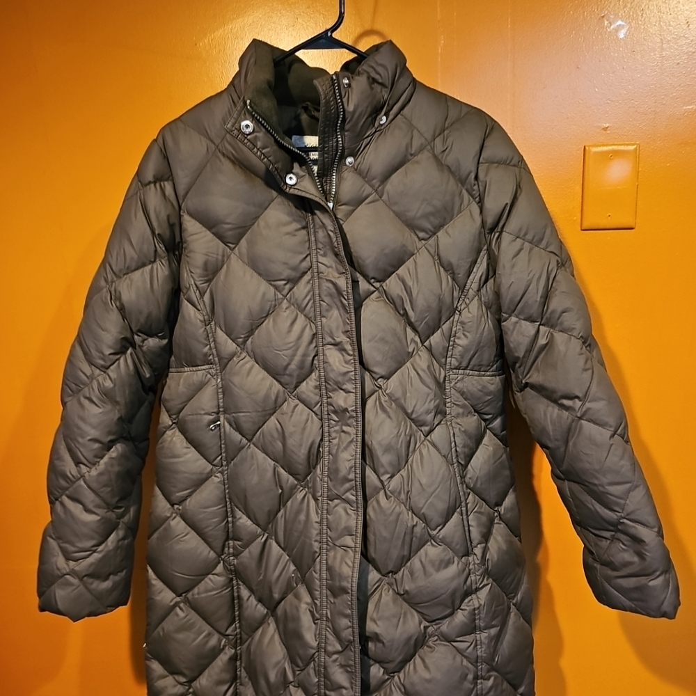 Eddie Bauer Puffer Jacket Womens Petite  Large Brown Long Down Nylon Parka